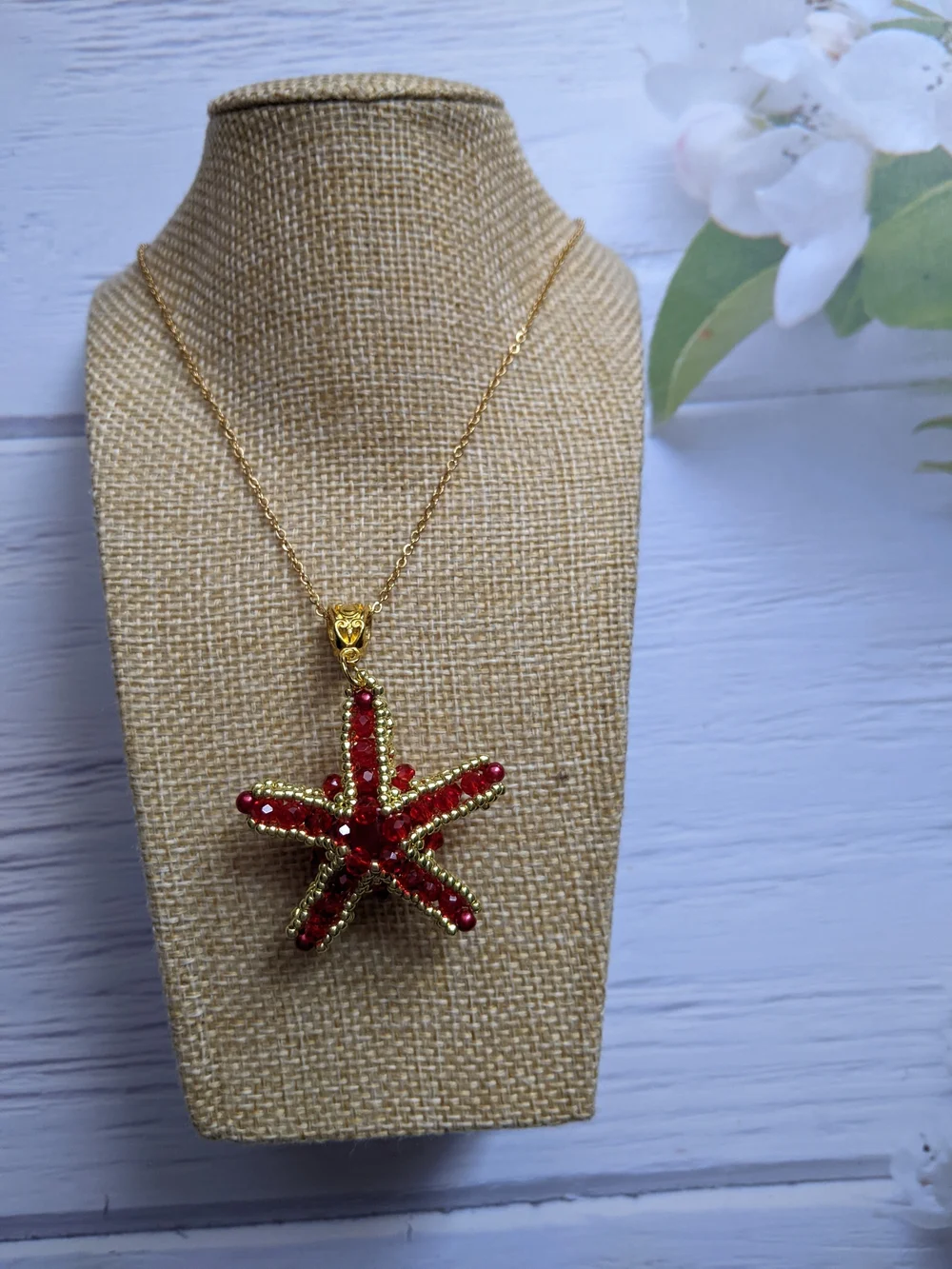 Gold Starfish Pendant Necklace with Red Crystal Accents - Women Jewelry